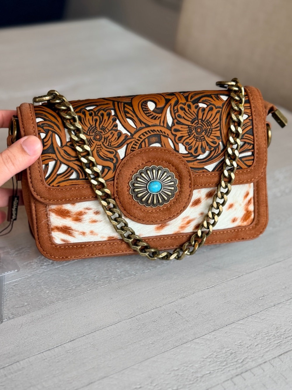 Trinity Ranch Cowhide Floral Cutout Crossbody Bag Brown